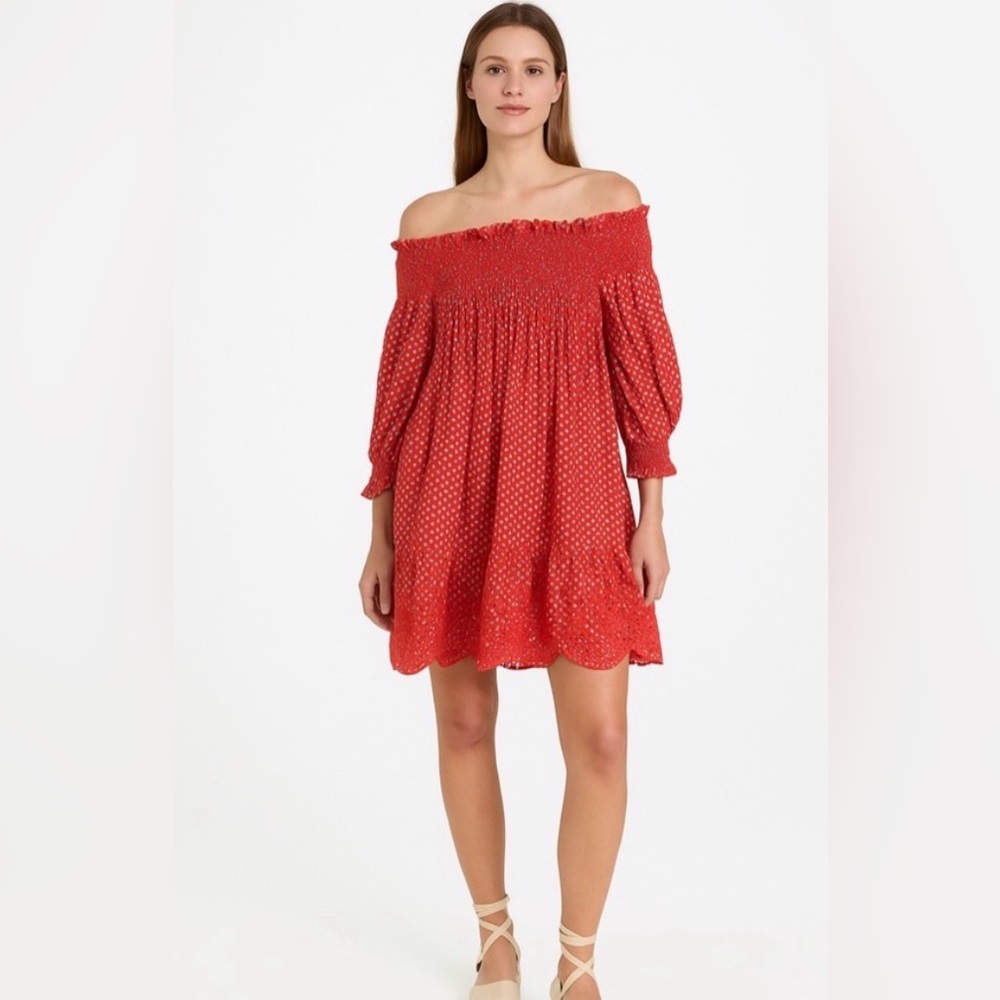 Tory Burch Red Orange Polka Dot Off-Shoulder Tunic Dress size small